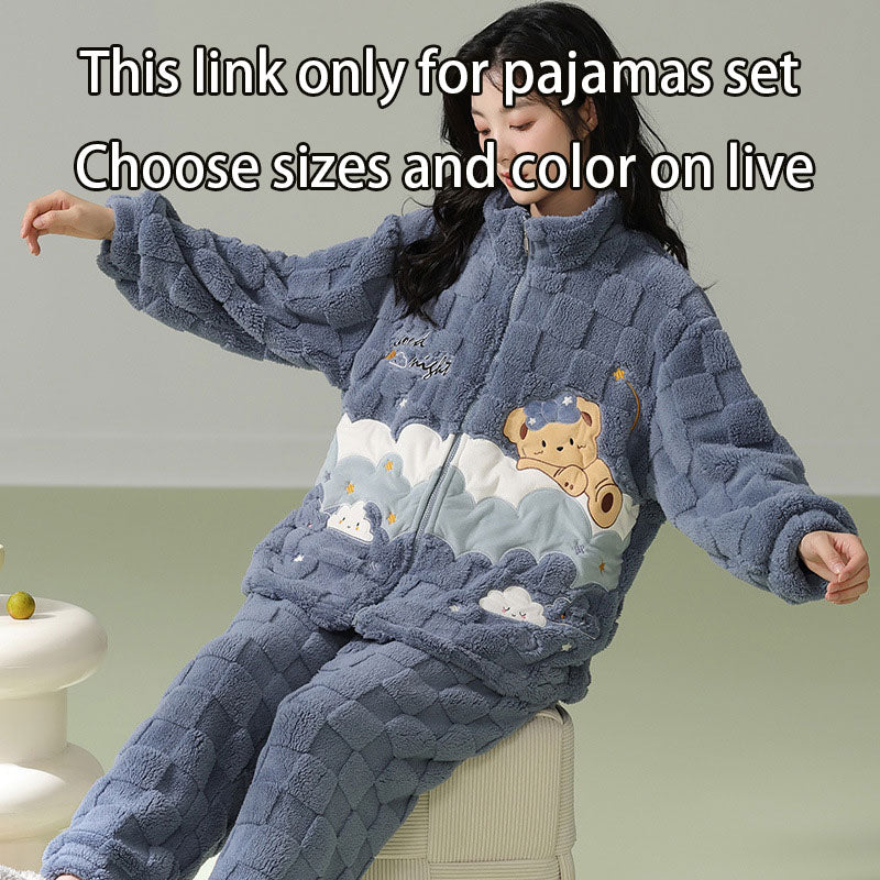 Print Fuzzy Pajama Set, Long Sleeve  Top & Elastic Waistband Pants, Women's Sleepwear & Loungewear